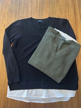 Hilary Radley Olive Green V-Neck Sweater AND black sweater with Layered Hem